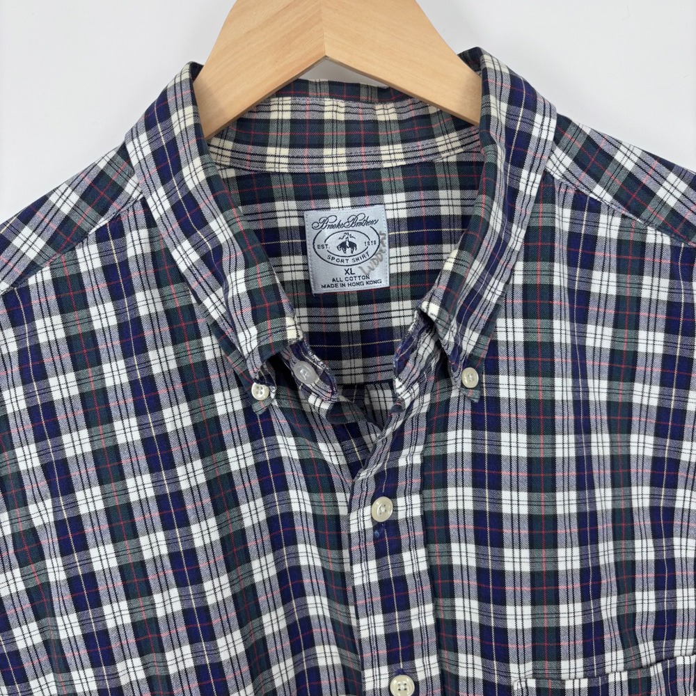 Vtg Brooks Brothers Sport Shirt Mens XL Blue Plaid Preppy Classic Hong Kong 80s